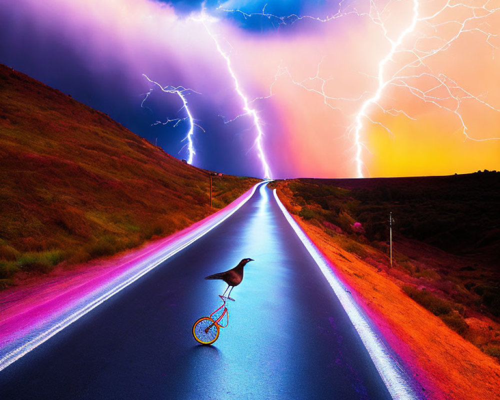 Bird on miniature bicycle under vibrant sky with lightning strikes