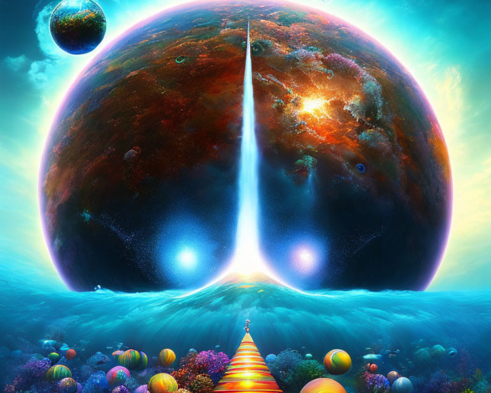 Vibrant planet hovers over colorful orbs and pyramid in vivid landscape