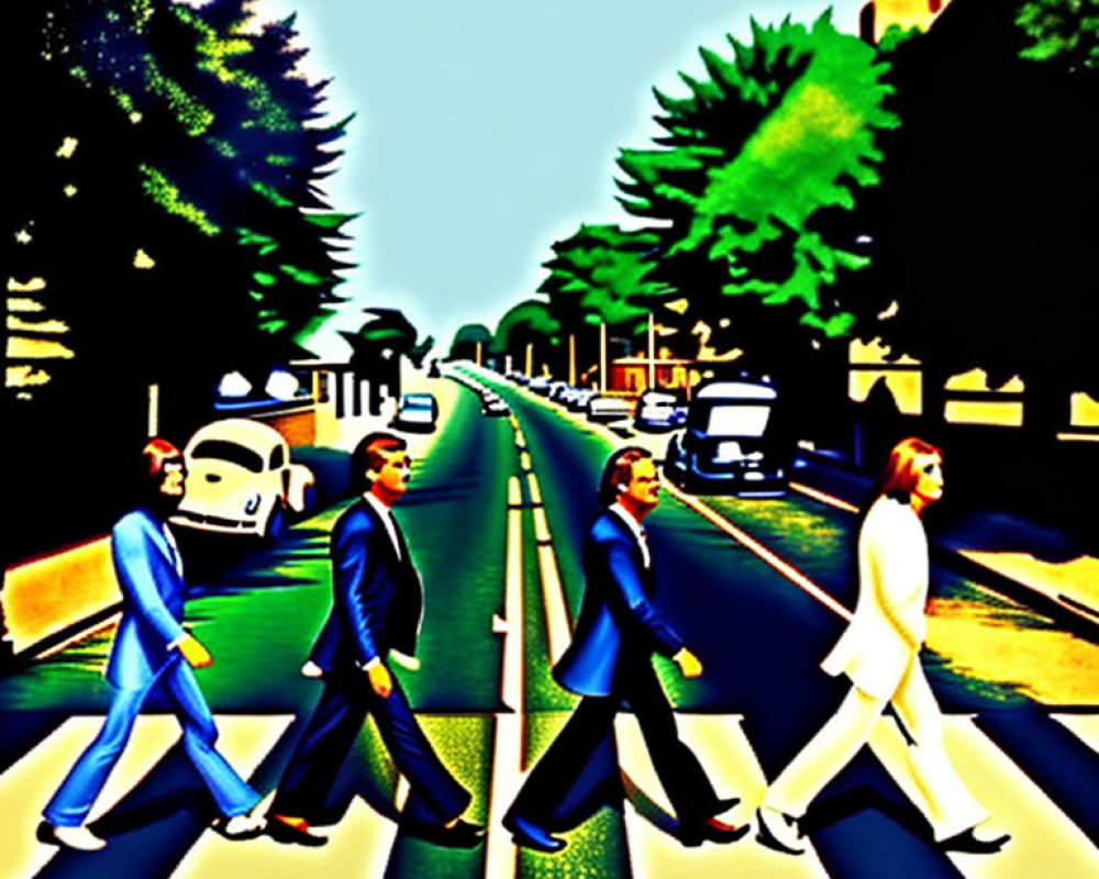 Four Men in Suits Crossing Street on Colorful Zebra Crossing