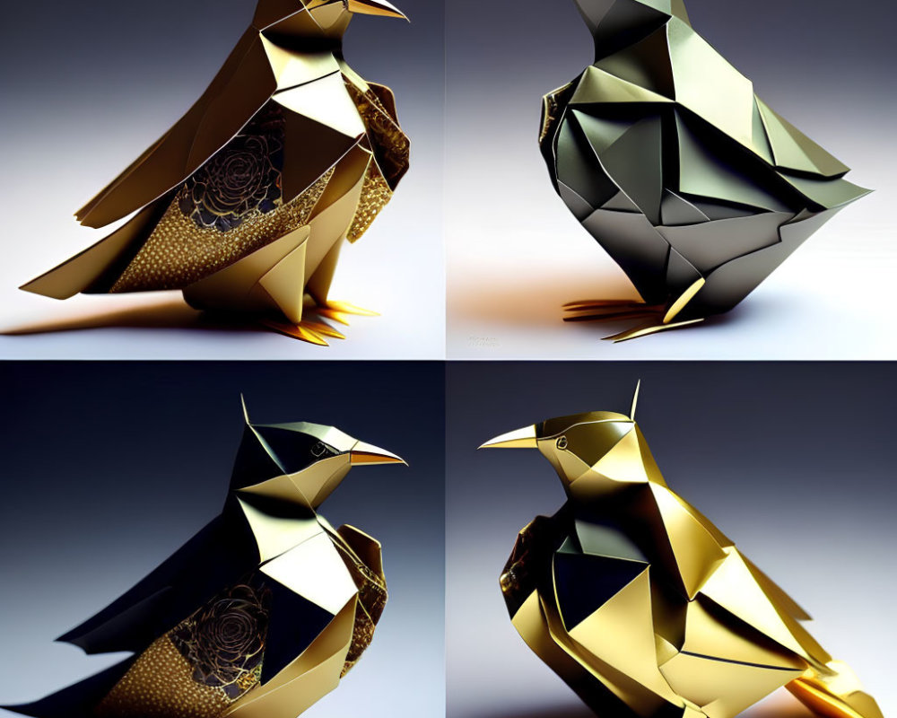 Polygonal Gold and Black Penguin Sculpture with Intricate Patterns on Gradient Backdrop