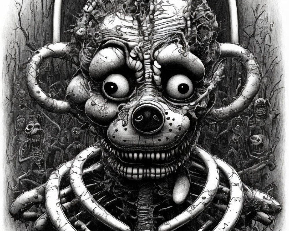 Detailed Monochrome Illustration of Surreal Grotesque Monkey with Multiple Eyes