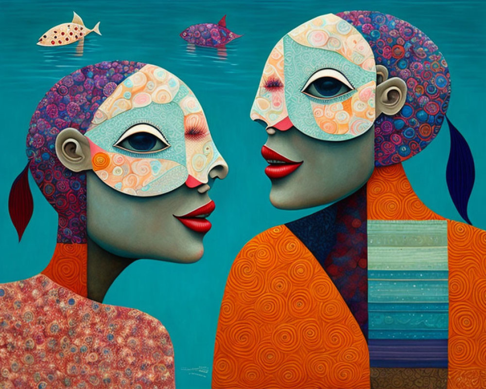 Colorful Stylized Profile Faces with Masks on Teal Background