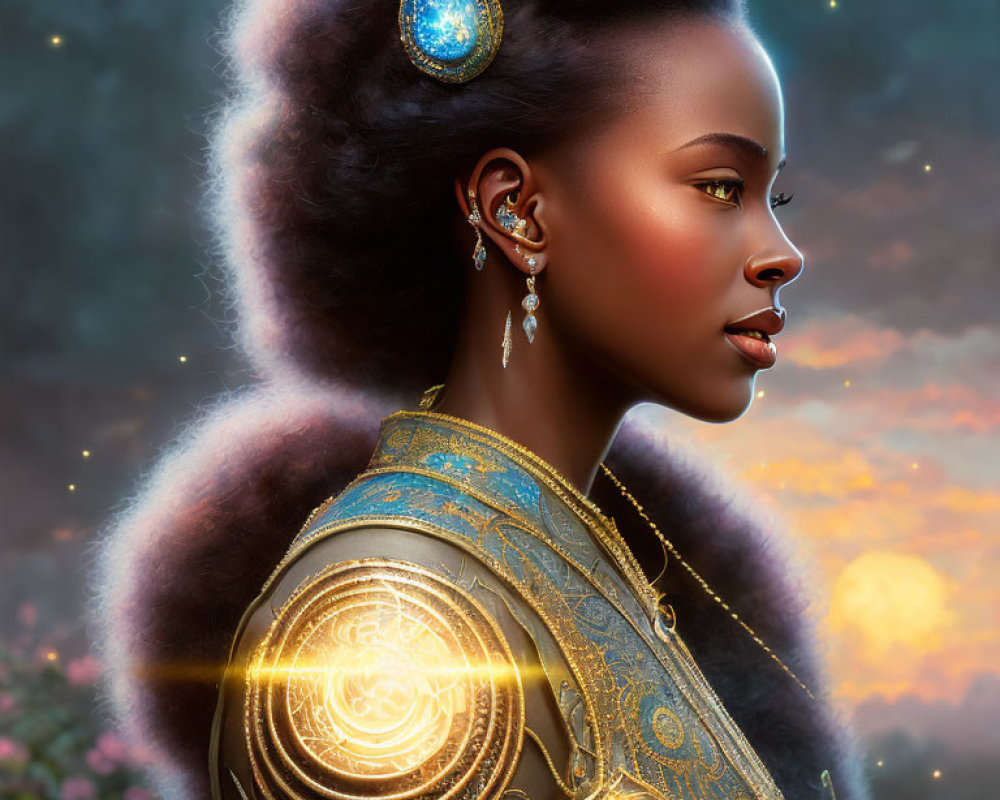 Digital art portrait of woman with golden jewelry, glowing attire, and unique hairstyle against sunset backdrop.