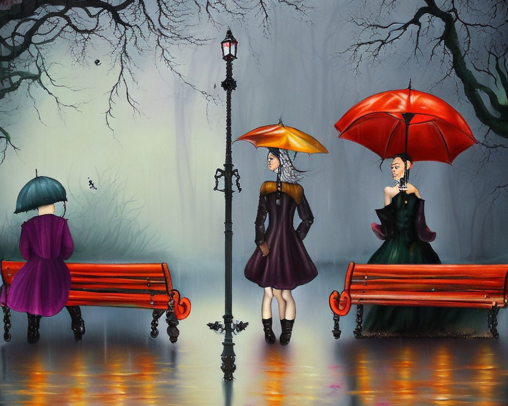 Three women with colorful umbrellas by benches on wet surface with forest backdrop