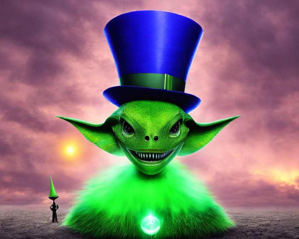 Giant green character with Yoda-like head in blue top hat on surreal landscape