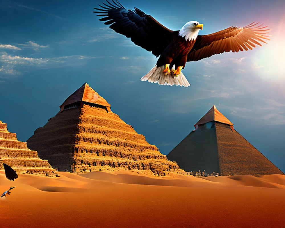 Eagle flying over sunlit Giza pyramids in clear desert sky