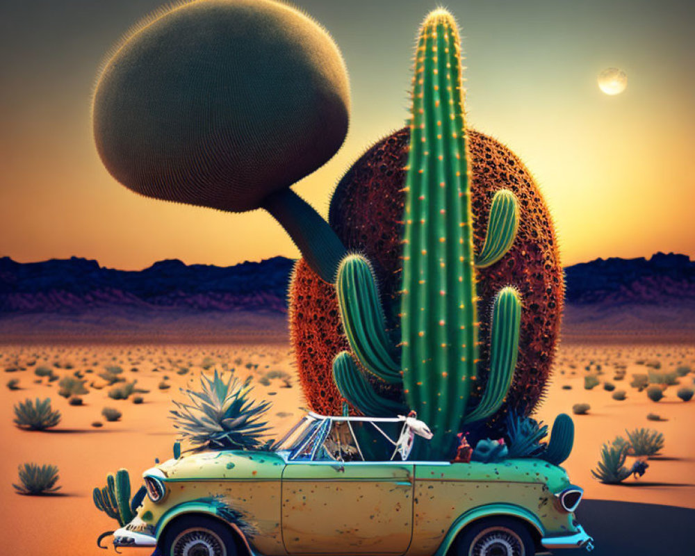 Vintage convertible car driving through desert with giant sombrero-wearing cactus