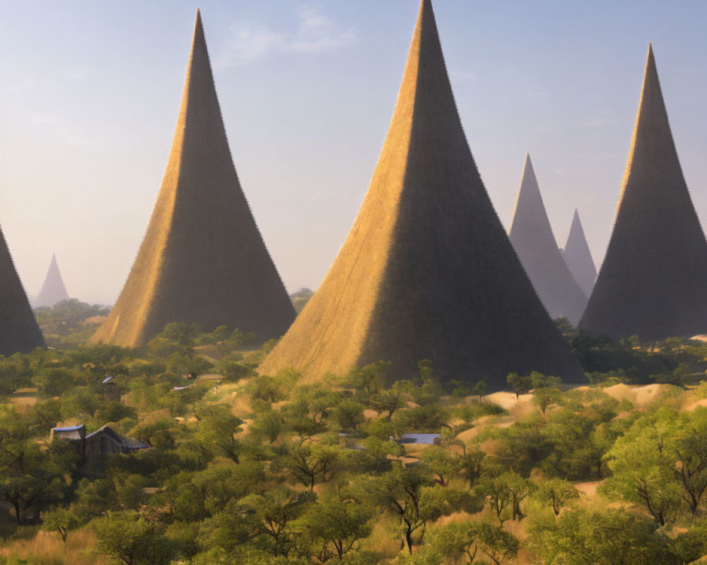 Cone-shaped Thatched-Roof Structures in African Landscape