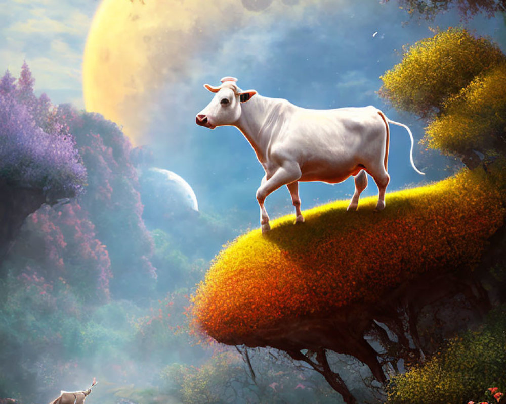 White cow and deer on floating island under moonlit sky