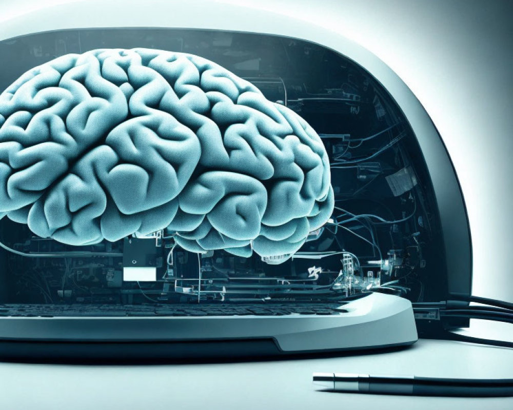 Human brain in transparent dome linked to futuristic interface.