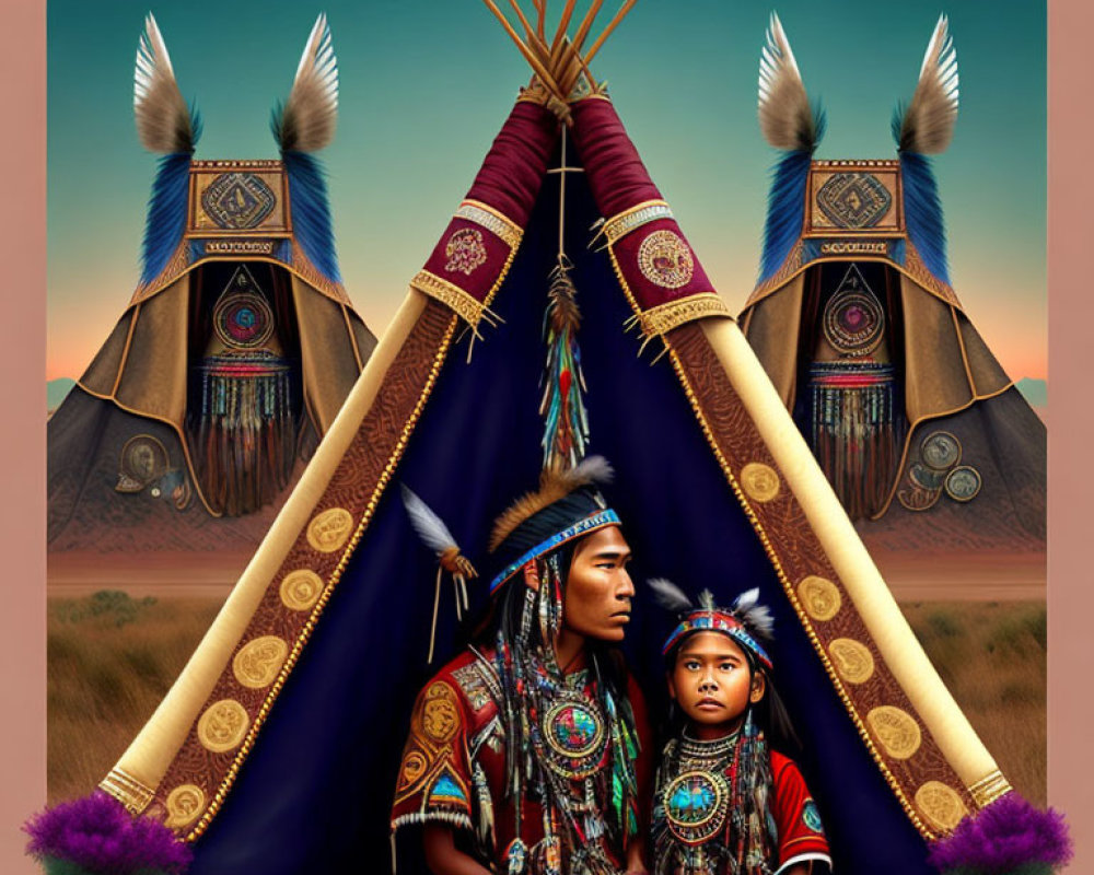 Digital artwork featuring two Native American figures in traditional attire by ornate teepees under twilight sky