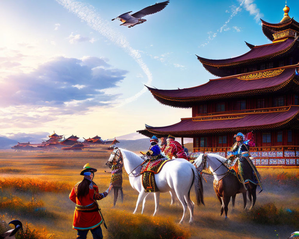 Asian architecture with tiered roofs & ornately dressed figures on horses under vast sky.