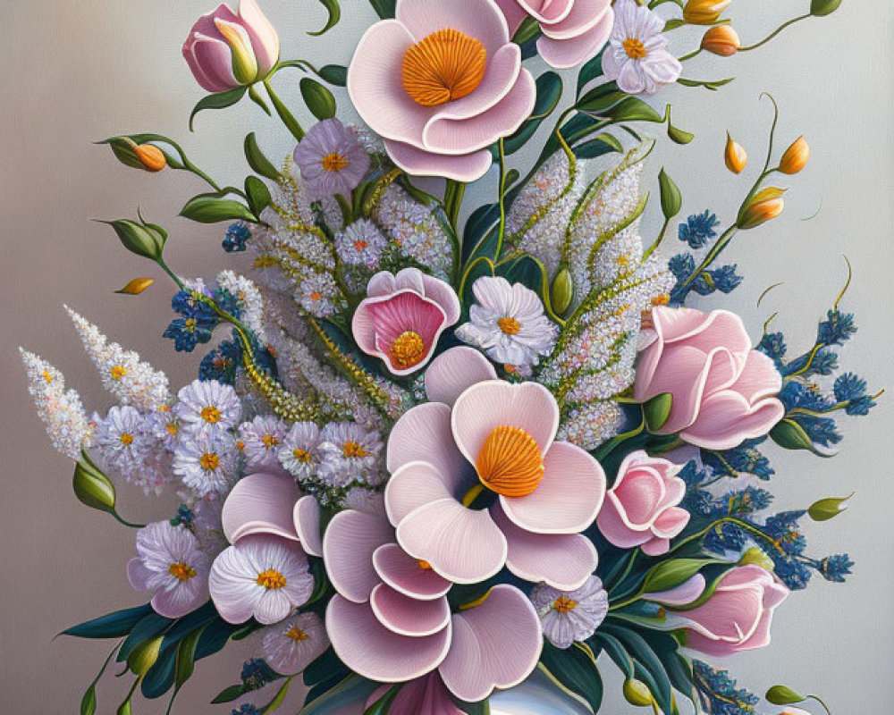 Colorful Floral Arrangement with Pink, White, and Yellow Flowers in Striped Vase