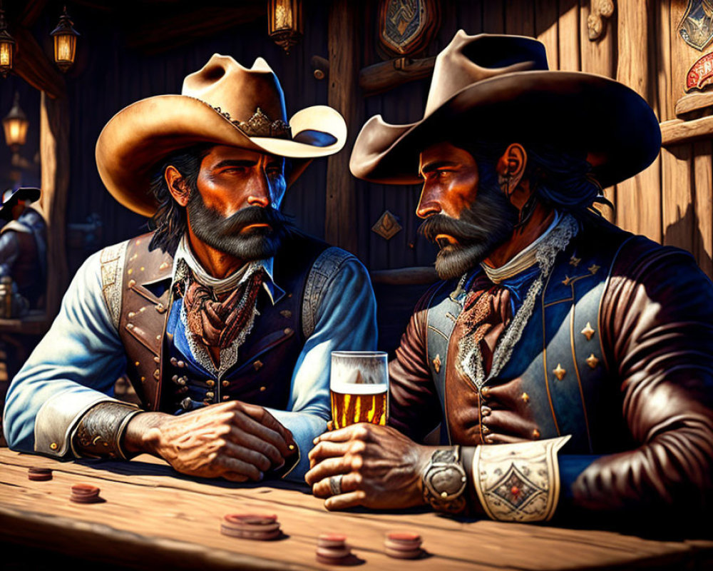 Animated cowboys in a bar with beer and poker chips