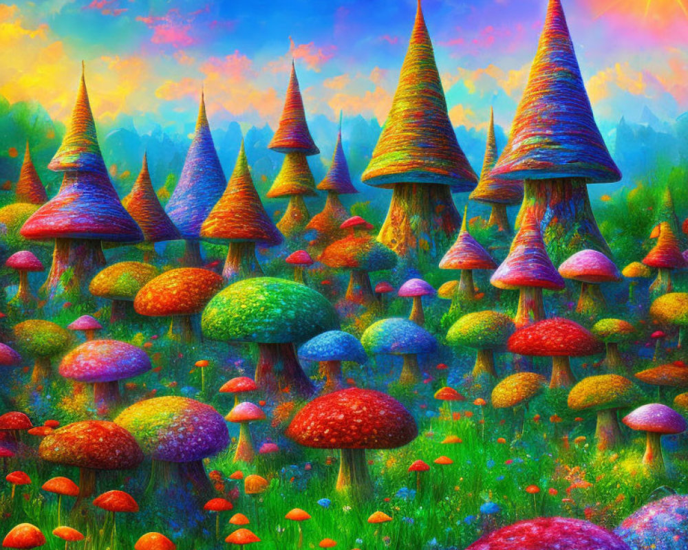 Colorful Mushroom Trees and Sunlit Sky in Fantasy Landscape