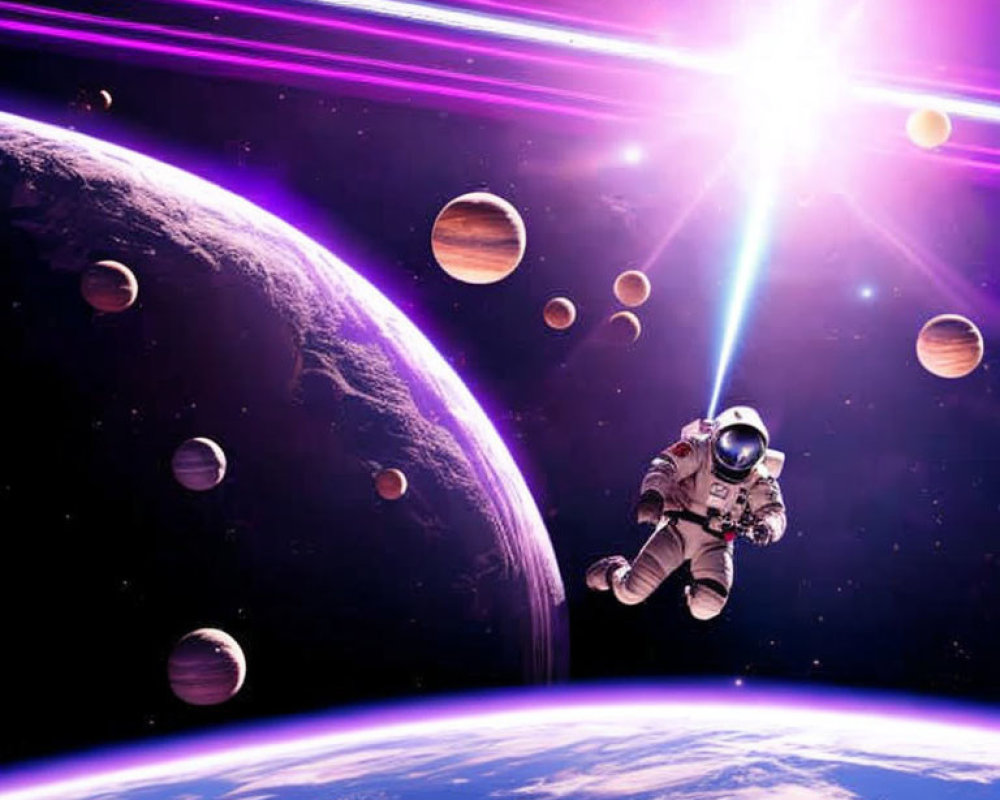 Astronaut floating in vibrant cosmic space with planets and starburst