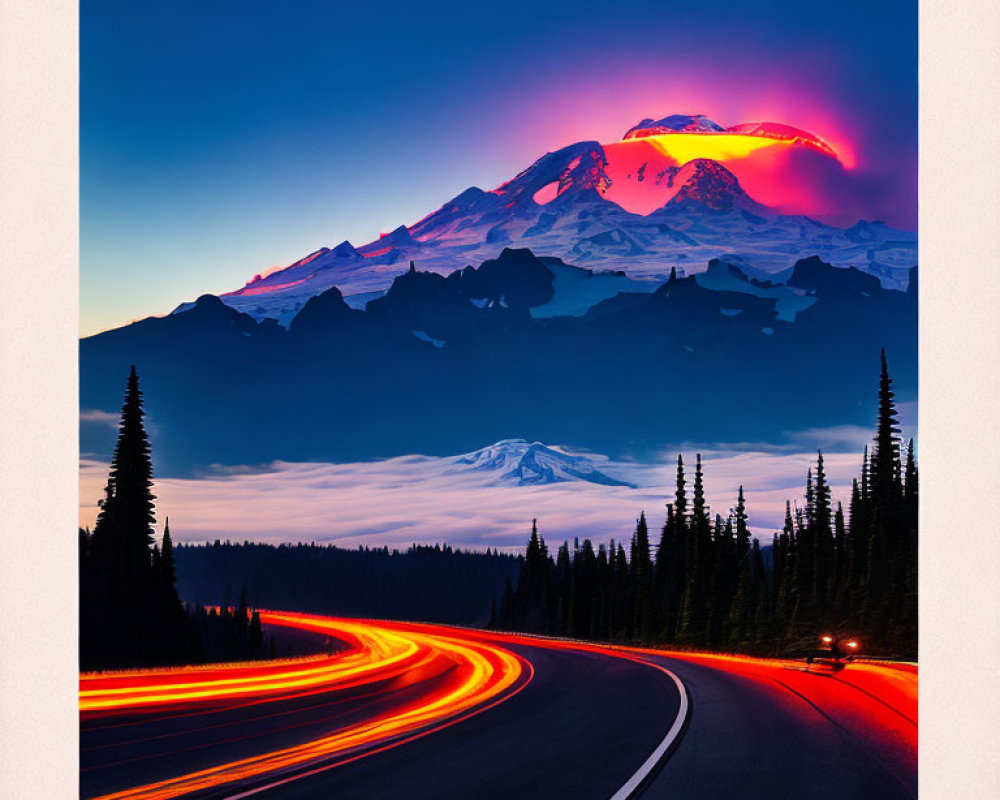 Scenic dusk landscape with winding road and snow-capped mountain