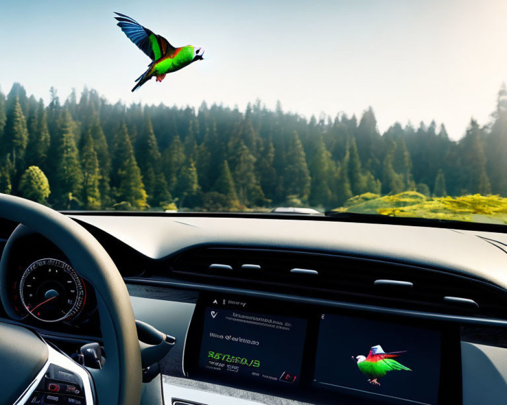 Car interior with steering wheel and dashboard, bird flying outside forest backdrop