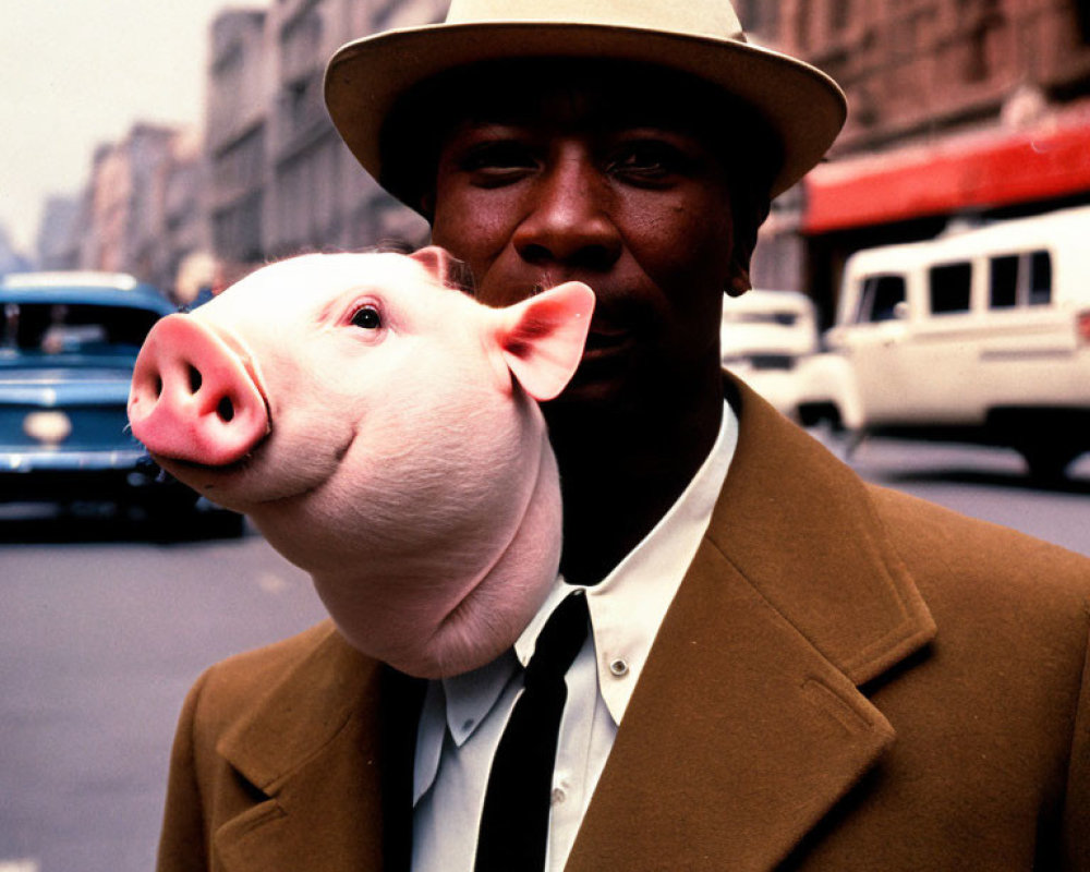 Man in Beige Suit Holding Piglet on City Street with Cars