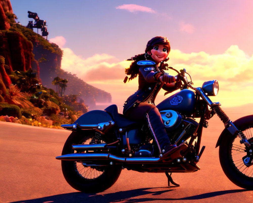 Wide-smile character on black motorcycle rides coastal road at sunset