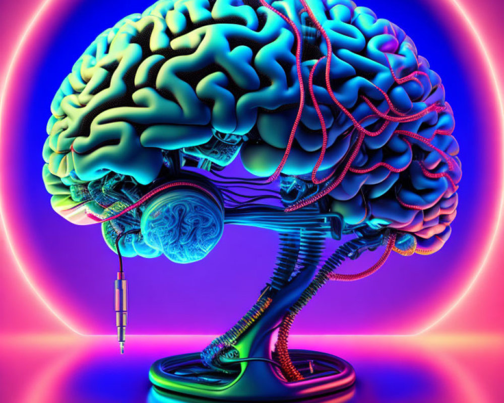 Colorful stylized brain with mechanical elements on neon-lit background