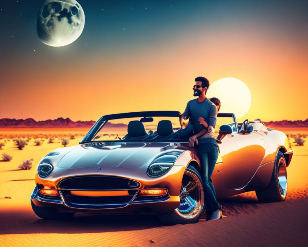 Romantic couple on classic convertible under moonlit desert sky