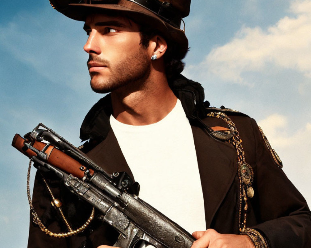 Steampunk-themed man in top hat and goggles with retro-futuristic rifle under cloudy sky