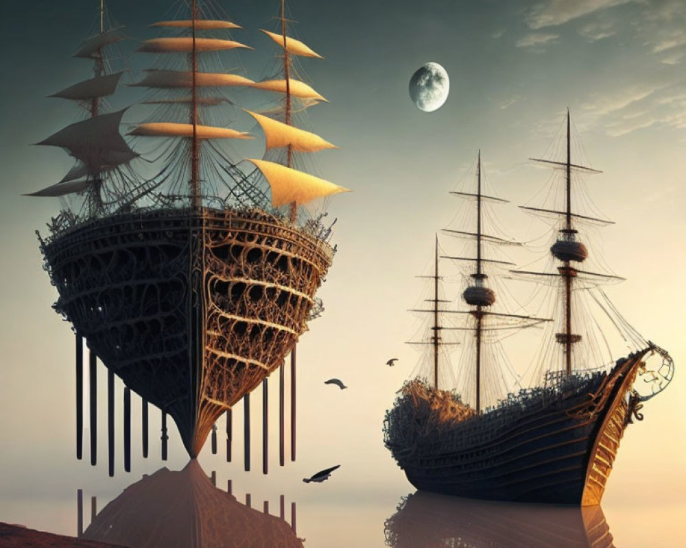 Elaborate rigging on two ships above serene landscape