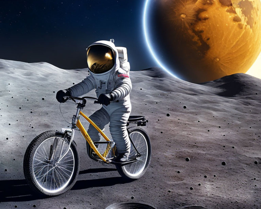 Astronaut biking on moon with orange planet in background