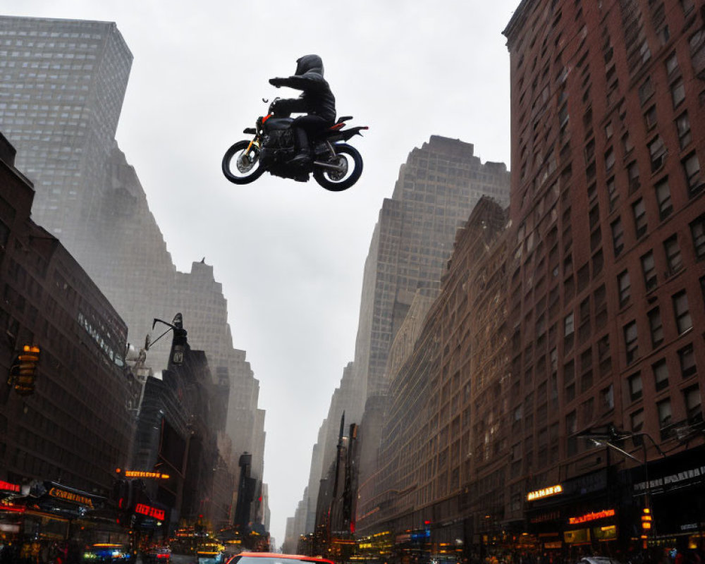 Motorcyclist airborne over rainy city street with tall buildings and red car.