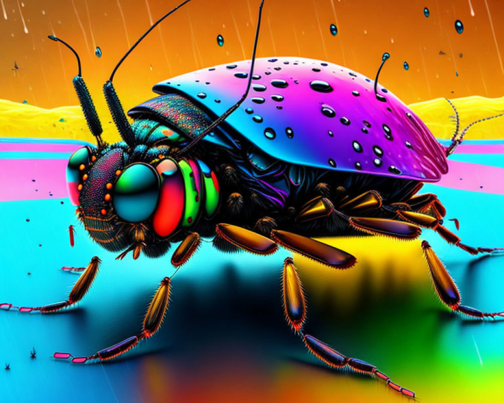 Colorful surreal artwork of iridescent beetle on rainbow background