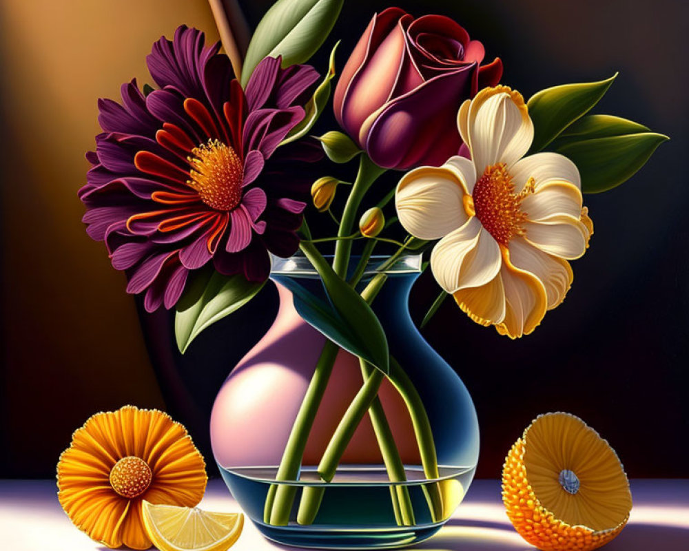 Vibrant Still Life Painting with Glass Vase and Flowers