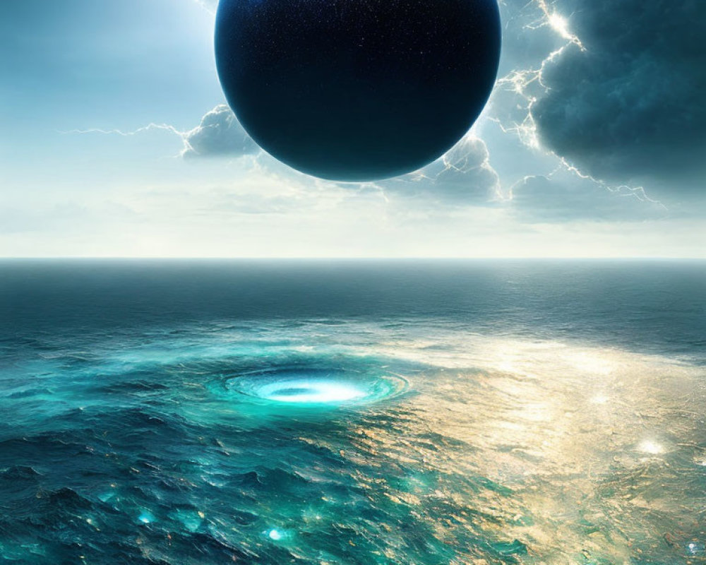 Majestic celestial body over vibrant ocean with luminous anomalies