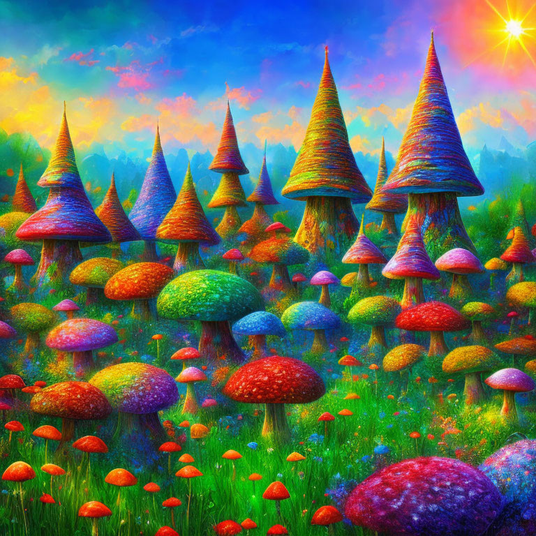 Colorful Mushroom Trees and Sunlit Sky in Fantasy Landscape