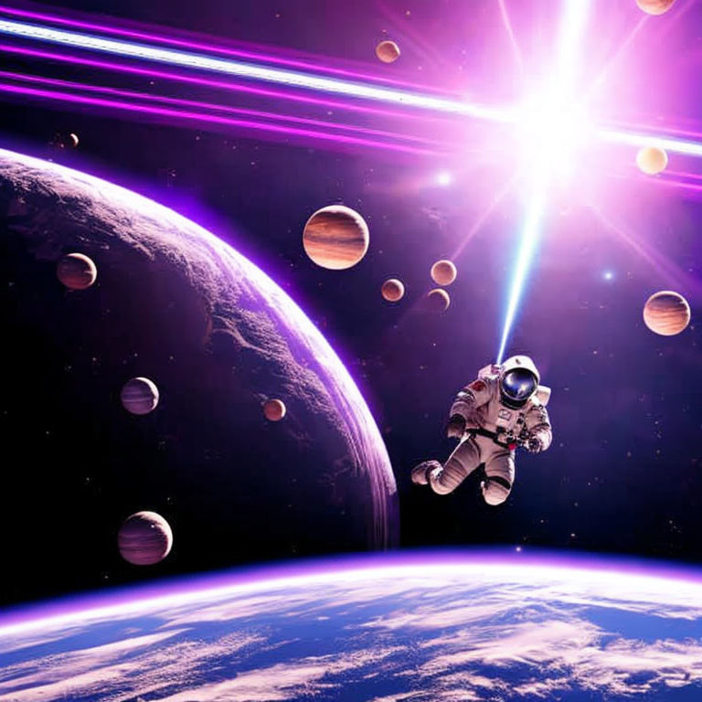 Astronaut floating in vibrant cosmic space with planets and starburst