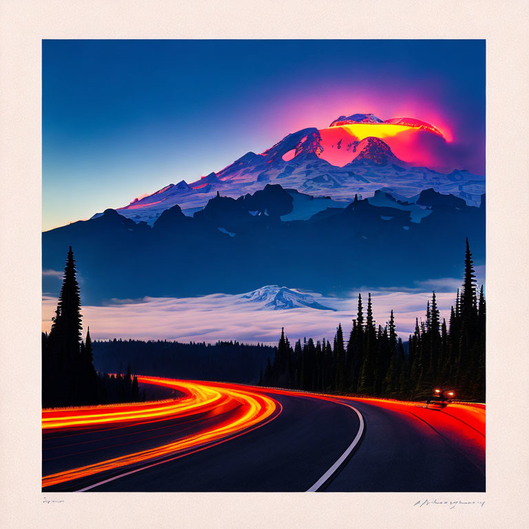 Scenic dusk landscape with winding road and snow-capped mountain