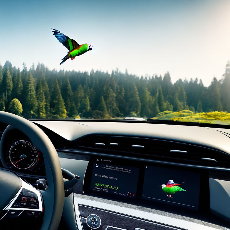 Car interior with steering wheel and dashboard, bird flying outside forest backdrop