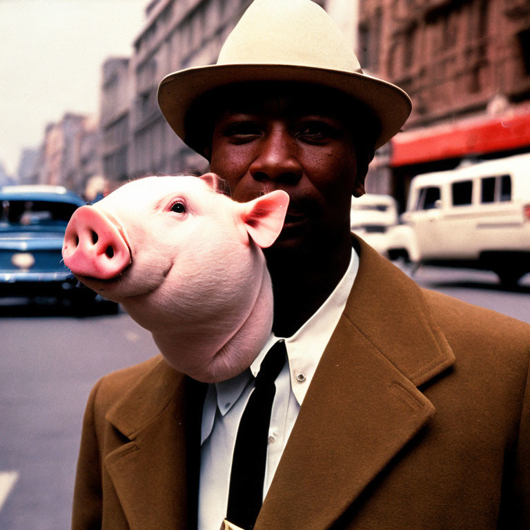 Man in Beige Suit Holding Piglet on City Street with Cars