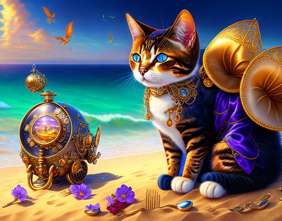 Colorful cat and steampunk submarine on beach at sunset with butterflies