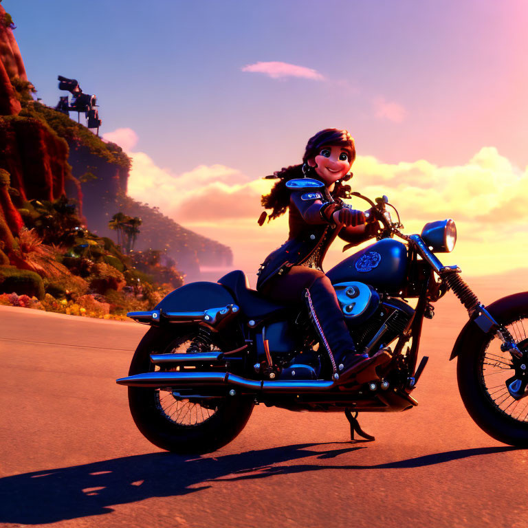 Wide-smile character on black motorcycle rides coastal road at sunset