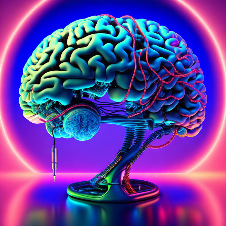 Colorful stylized brain with mechanical elements on neon-lit background