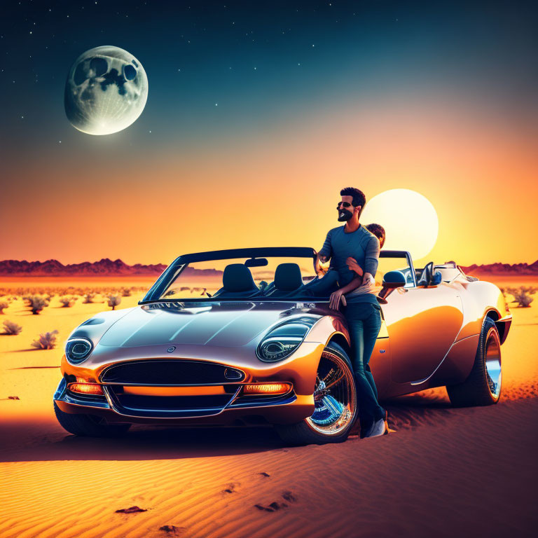 Romantic couple on classic convertible under moonlit desert sky