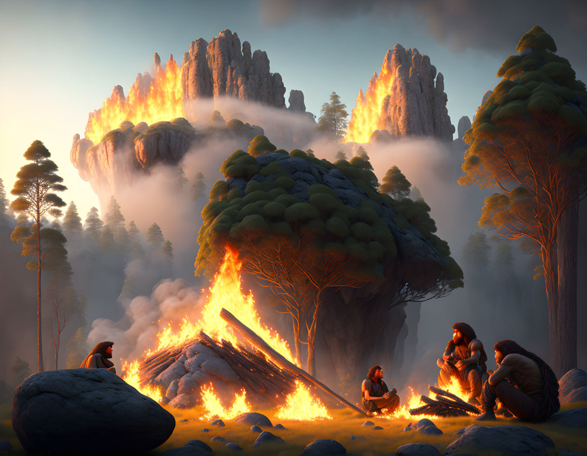 Illustration of individuals by fire in flaming forest with dramatic cliffs under evening sky