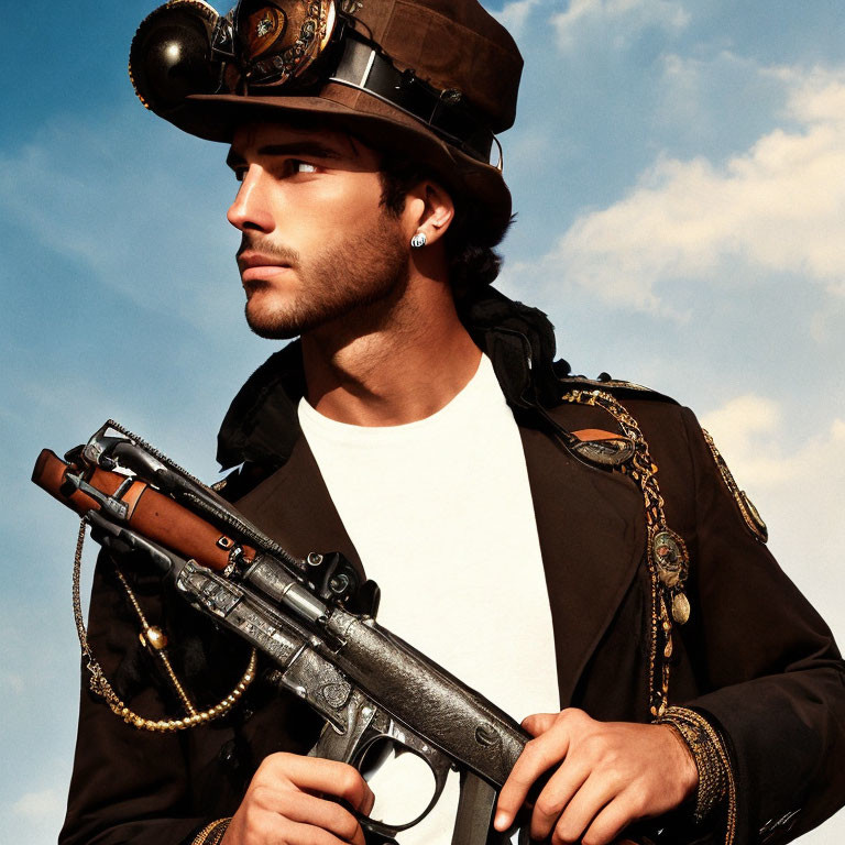 Steampunk-themed man in top hat and goggles with retro-futuristic rifle under cloudy sky