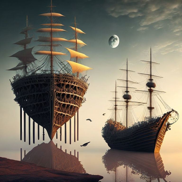 Elaborate rigging on two ships above serene landscape