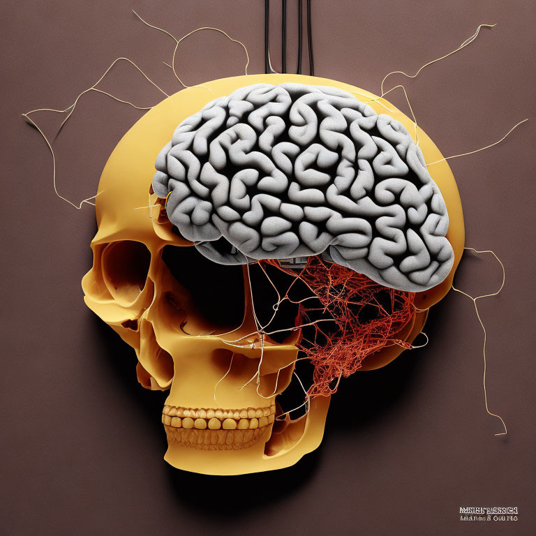 Yellow skull with white brain on strings against abstract dark background.