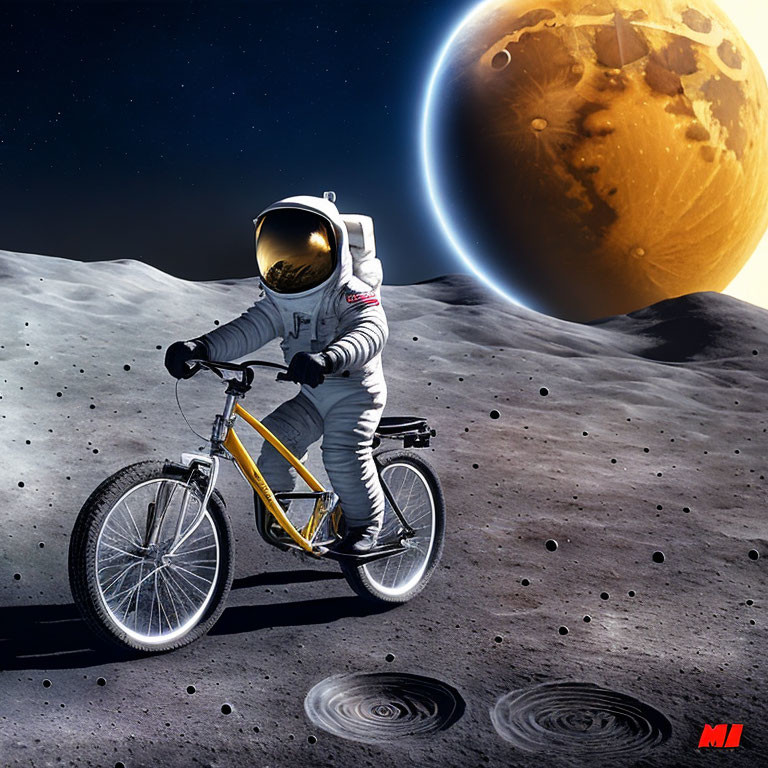 Astronaut biking on moon with orange planet in background