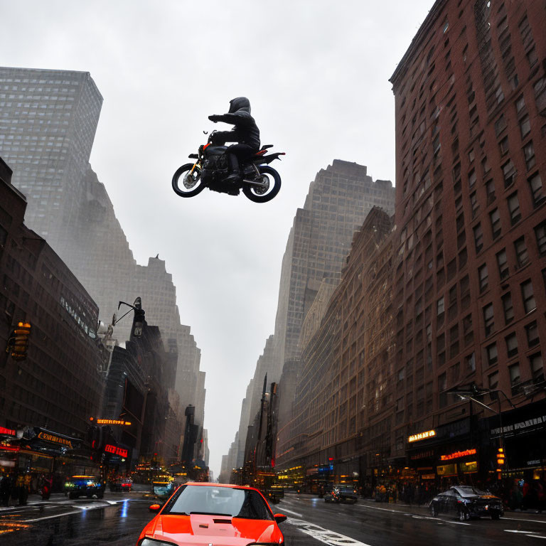 Motorcyclist airborne over rainy city street with tall buildings and red car.