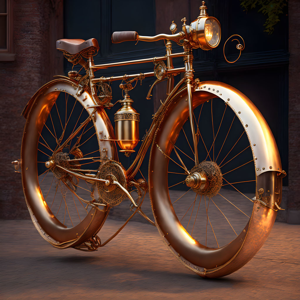 Steampunk Bicycle with Brass Details and Gears Against Brick Wall