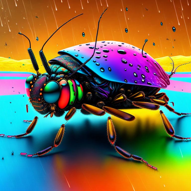 Colorful surreal artwork of iridescent beetle on rainbow background